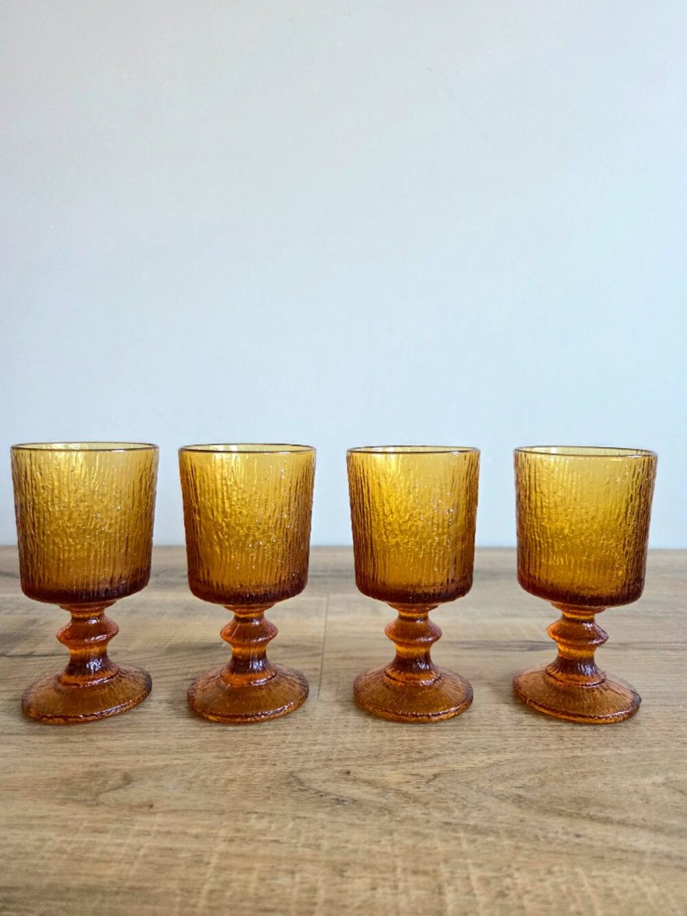4 Vintage 1970s Ravenhead Siesta Amber Glass Goblets